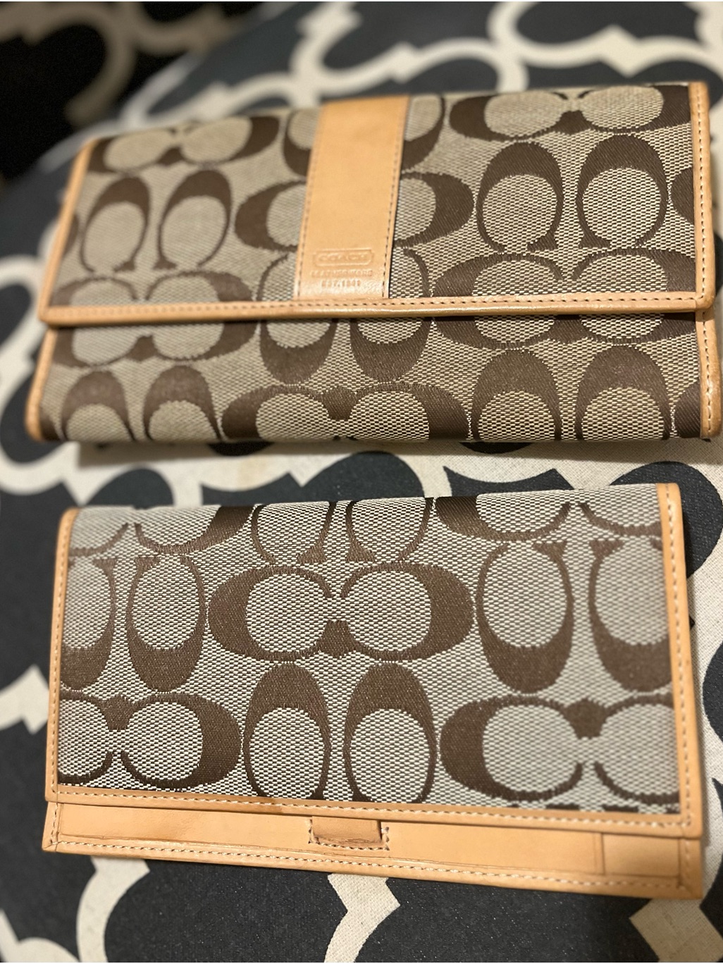 Coach Brown & Tan Signature Canvas Large Wallet And Checkbook Set